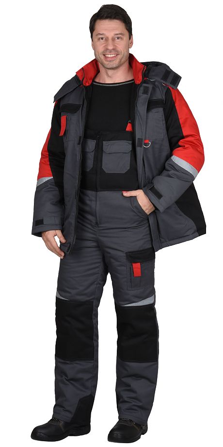 Костюм "Фаворит-Мега" утеплённый, куртка, полукомбинезон, серый с красным и чёрным