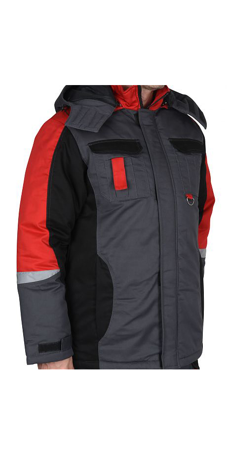 Костюм "Фаворит-Мега" утеплённый, куртка, полукомбинезон, тёмно-серый с чёрным, красным и СОП