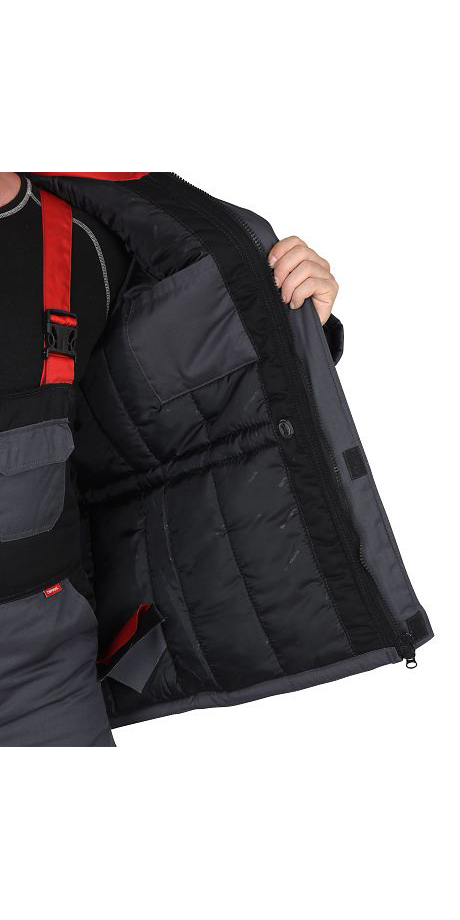 Костюм "Фаворит-Мега" утеплённый, куртка, полукомбинезон, тёмно-серый с чёрным, красным и СОП