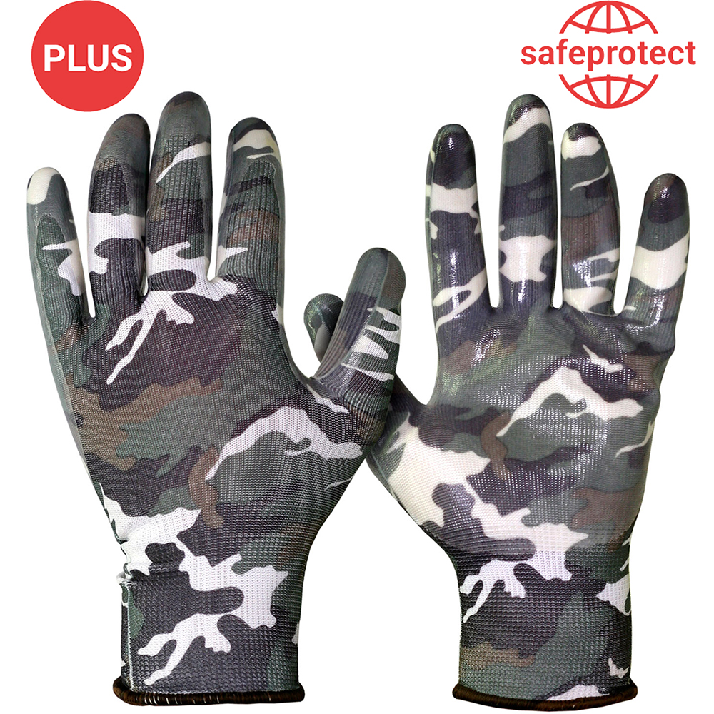Перчатки Safeprotect САДОВЫЕ (нейлон+прозр.нитрил, КМФ